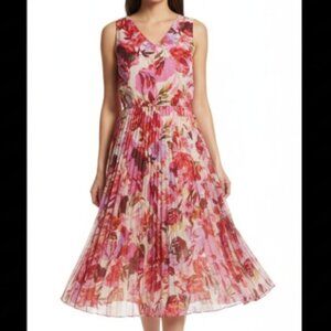 Gorgeous Lane Bryant Floral Pleated Dress Pink Red Size 24 3X Wedding Guest